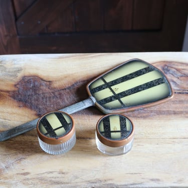 Vintage Art Deco Vanity Set, Nostalgic Bathroom Decor, Hand Mirror & 2 Cosmetic Jars, Collector Gift, Elegant 1920s Grannycore Dresser Set 