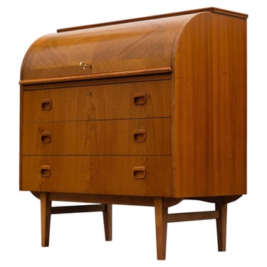 Egon Ostergaard for SMI Sweden Bookmatched Teak Roll Top Desk or Secretary