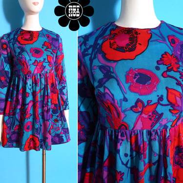 Stunning Vintage 60s 70s Vivid & Bright Blue, Red, Purple Flower Power Long Sleeve Mini Statement Dress 
