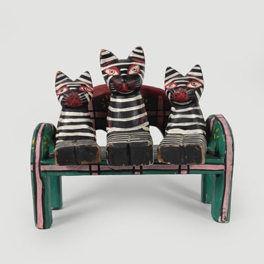 Vintage Folk Art Wooden Cats on Bench – Set of 3 Hand Painted Striped Cat Figurines, Indonesian Style Primitive Decor 