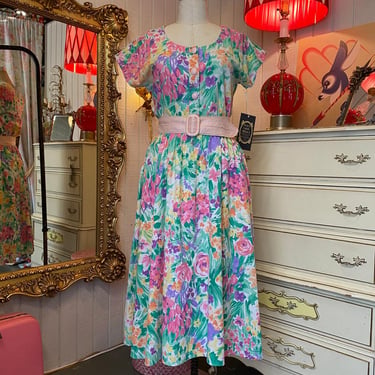 vintage 1980s floral cotton dress 80s shirtwaist full skirt m/l pastel flower 30 