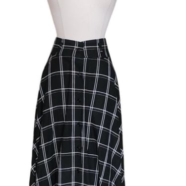 Vintage 1990s Anne Klein II Long Skirt Black Linen White Plaid Button Down / M 
