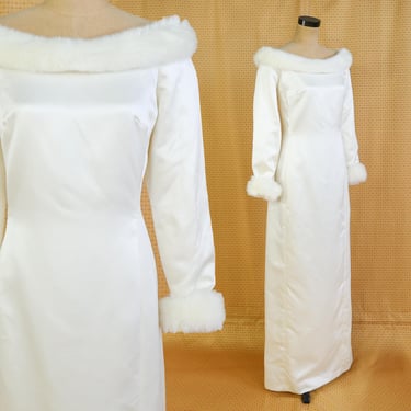 1980s White Evening Dress | White Satin Faux Fur Trim Wedding Dress, Large 