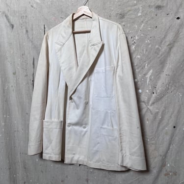 XL Deadstock 1940s French Cotton Twill Sport Coat Double Breasted White Suit Jacket 3-Pocket Peak Lapels 40s 30s 1930s 
