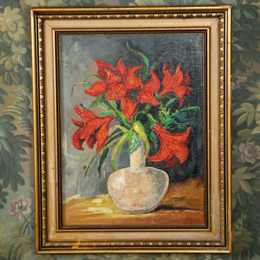 “Crimson Bloom” Vintage Red Lily Still Life Oil Painting, Egg Dart Gilt Frame