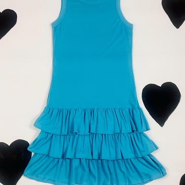 80s blue drop waist ruffle tank dress 1980s new wave soft knit cotton blend sleeveless solid bright blue ruffle hem muscle t-shirt dress L 