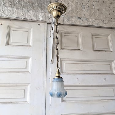 Small Art Nouveau Antique Pendant Light, Blue Glass Shade 