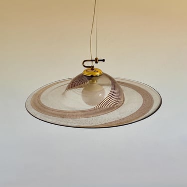 Vintage Large Murano Glass Pendant Lamp / Italian Spiral Ceiling Light / Clear Disc Shade / Mid Century Modern / 1970s 