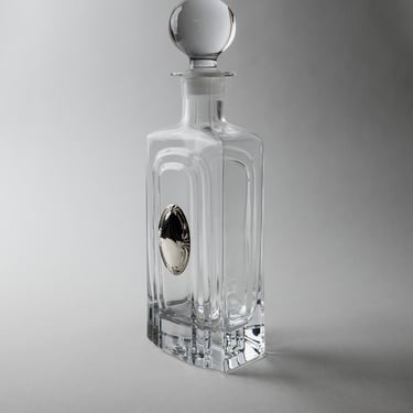 Vintage 1980s Glass Decanter, Clear Glass with Silver Plaque Detail and Sphere Stopper, Elegant Barware, Decorative Liquor Bottle, Gift Idea 
