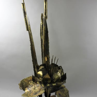 Brutalist Brass Cattails Flowers Sculpture Torch Cut on Teak Wood Vintage MCM 