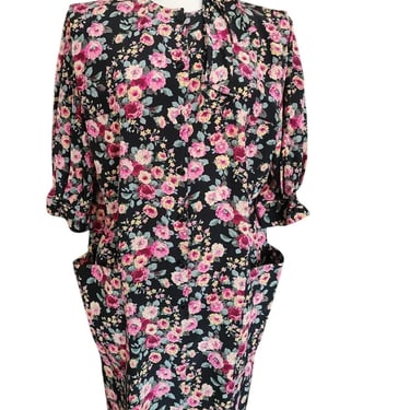 Vintage 1980s Ungaro Dress Silk Floral Rose Print Tie Neck Button Front Pockets 