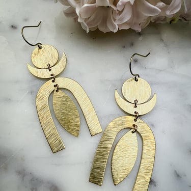 Rainbow Moon Brass Dangle Earrings: Bohemian Celestial Jewelry 