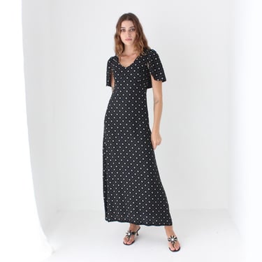 Stunning 70s Black Crepe A Line Maxi Dress w/ Capelet Sleeves & Handpainted Floral Print 