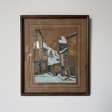 1922 G. Belnet Winter Cityscape Oil on Paper Painting, Framed Under Glass 