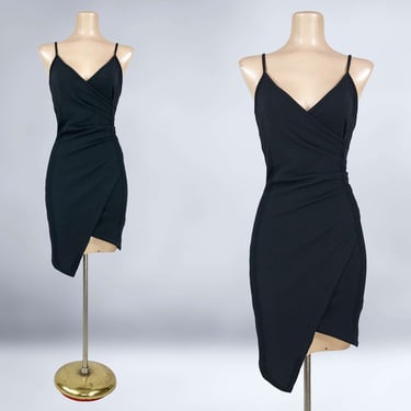 VINTAGE 90s Y2K Black Asymmetrical Slip Dress | Almost Famous Mini | Ruched Party Dress | VFG 
