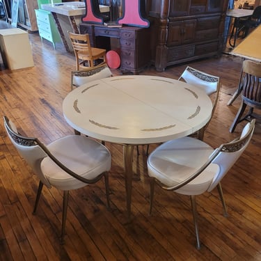 60s White Round Table w/Gold Details, 2 leaves & 4 White Chairs