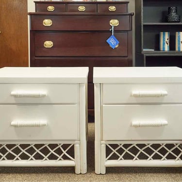 Pair of White Finish Bamboo 3 Drawer Side Tables