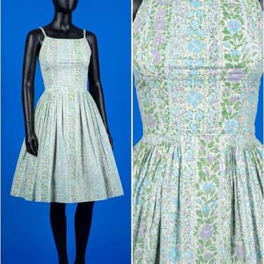 Vintage 1950s Cotton Floral Garden Party Day Dress Size XXS 