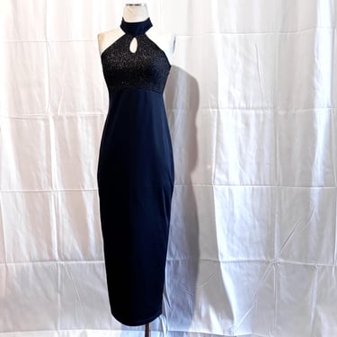 Vintage Y2K  • Acqua • Black & Gold Metallic Halter Maxi Dress • Keyhole  • Made in Brazil 