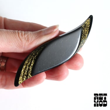 80s does the 20s Vintage Black Lucite with Gold Glitter Swoosh Shape Brooch 