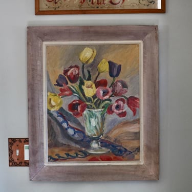 Vintage 1954 Framed Tulip Oil Painting, Spring Wall Art, 26