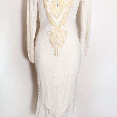 80's Ivory CACHE' Sequin Beaded Party Evening Dress Tight wiggle Vintage 1980's Wedding gown 