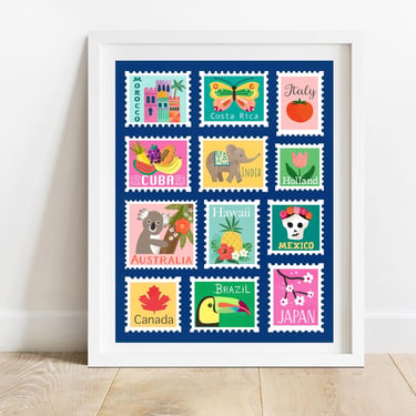 International Stamps 8 X 10 Art Print/ Travel Themed Illustration/ Around The World Wall Decor/ Foreign Postage Home Decor 