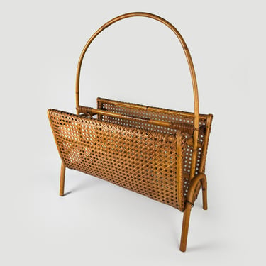 Vintage Rattan Magazine Rack – Mid Century Wicker Newspaper Holder – Sculptural Bamboo Home Decor – 1960s 1970s 