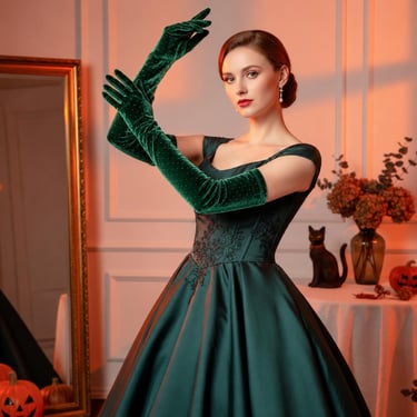 Emerald Green Velvet Opera Gloves, 21 Inch Long Evening Formal Wear, Subtle Gold Shimmer, Stretch One Size Fits Most 