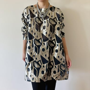 vintage blouse satin metallic black gold NWT deadstock vintage tunic geometric vintage shirt Made in USA size XL 