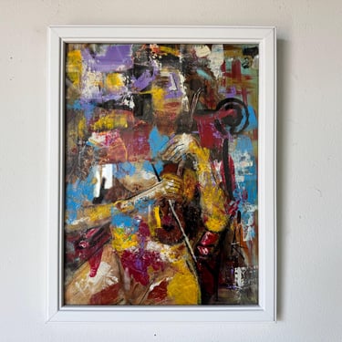 Vintage Woman with Guitar-  Expressionist Oil Painting,  Framed 