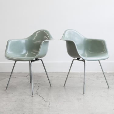 Vintage Set of 2 Eames for Herman Miller Fiberglass Arm DAH Chair in Rare Sea Foam Green 