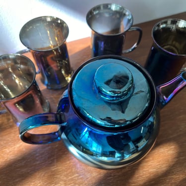 Vintage Simax Rainbow Iridescent Glass Tea Serving Set | Blue Purple Slick Teapot & 4 Mugs | Retro Y2K Coffee Cocktail Party Cup | Set of 5 