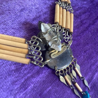 vintage peruvian bamboo and crystal necklace, hippie jewelry, festival boho 