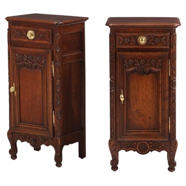 Tall Pair of French Oak Nightstands Having Carved Accents, C. 1920