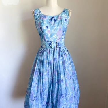 Vintage 1950s Blue Floral Bubble Hem Party Dress / XS 