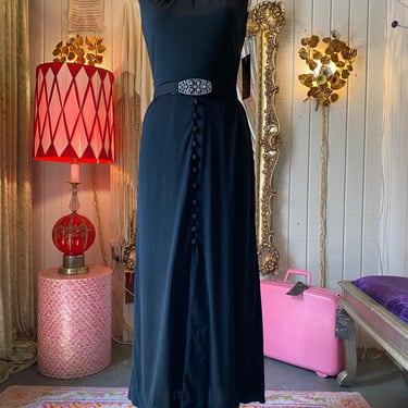 vintage 1970s black maxi dress, 70s slinky jersey gown, disco, mock neck, mod, s 