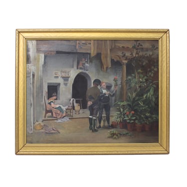 Antique Early 20th Century Genre Oil Painting of Flower Salesman in Courtyard