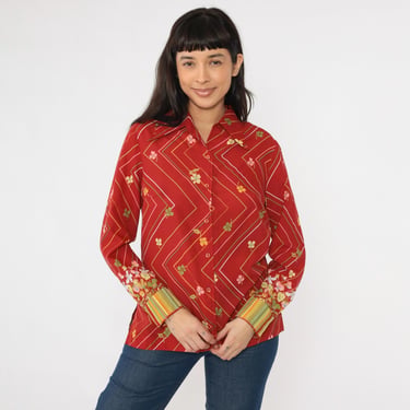 70s Striped Floral Blouse Vintage Red Zig Zag Button Up Shirt Retro Statement Novelty Long Sleeve Green Pink Yellow 1970s Medium M 