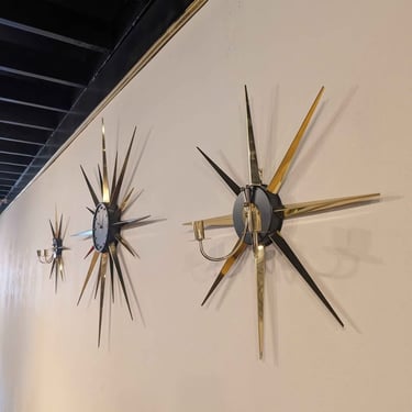 Set of 3 MCM Brass Atomic Starburst Clock & Candle Holders