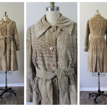 Vintage 1960s 70s Python Velvet Belted Trench Coat Saks Fifth Avenue // Modern Size Small Medium US 6 8 