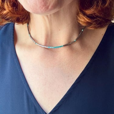 Vintage Native American Pueblo Silver & Turquoise Heishi Bead Choker Necklace 