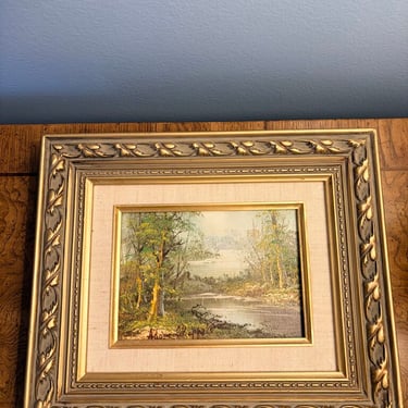 Vintage scenic oil painting in ornate gold leaf frame by Chappell 12.5x10.5
