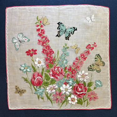 Vintage 1940s Butterfly Handkerchief Floral Bouquet Cotton Hanky Roses Tulips Daisies 14.5 Inch 