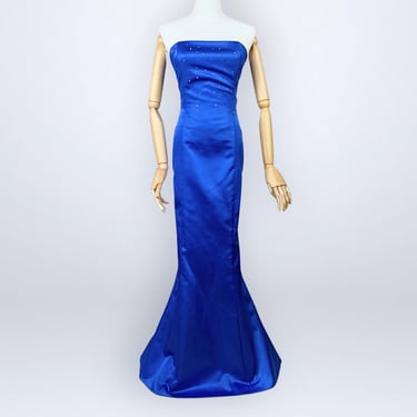 Vintage 90s Jessica McClintock Gunne Sax Sapphire-Blue Strapless Mermaid Sparkly Formal Gown Small VFG 