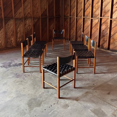 Robert Baron Woven Leather & Walnut Dining Chairs for Glenn of California, c.1965