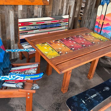 Outdoor Patio Set of 5- Includes: 1 Ski Booth, 1 SB Bench, 2 Mural Painted chairs, 1 Outdoor Dining table with snowboard runner 