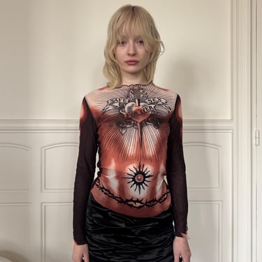 1996 Jean Paul Gaultier Maille mesh top safe sex forever tattoos print, long sleeves / medium - large 