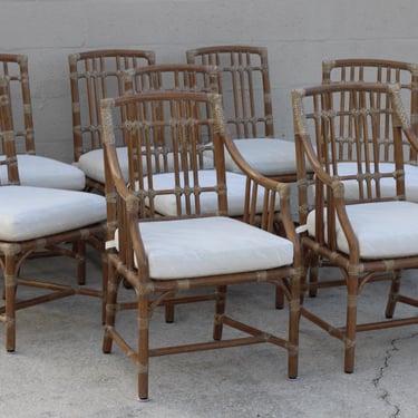 Eight 8 Authentic Iconic Marked McGuire Balboa Dining Chairs Stick Deck Rawhide 