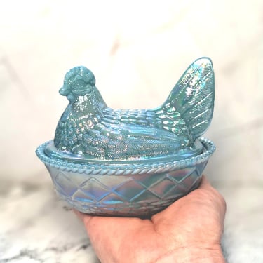 Carnival Glass Hen on Nest Chicken, Depression Style Candy Dish, Georgia Blue - Vintage Style, Farmhouse Decor, Jewelry Box, Kitchen Vase 